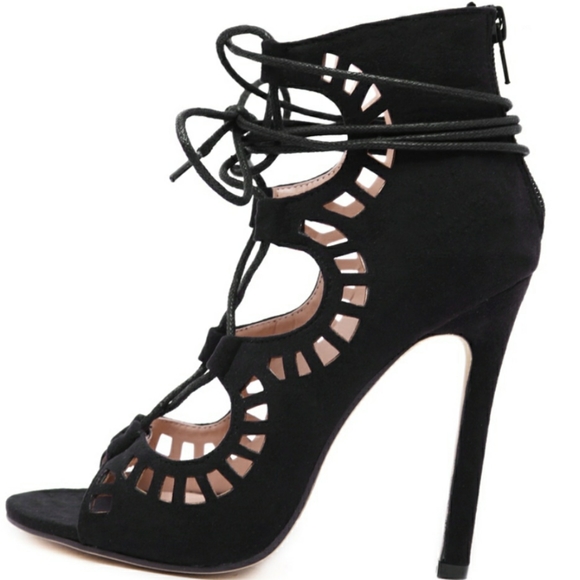 Black Cut Out Lace Up High Heels - Picture 2 of 3